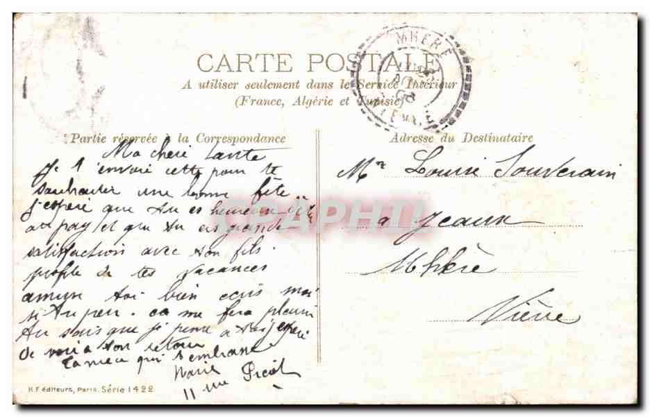 Deux colombes dans un panier de fleurs — Souvenir affectueux — K.F. éditeurs, Série 1422 — Reverso