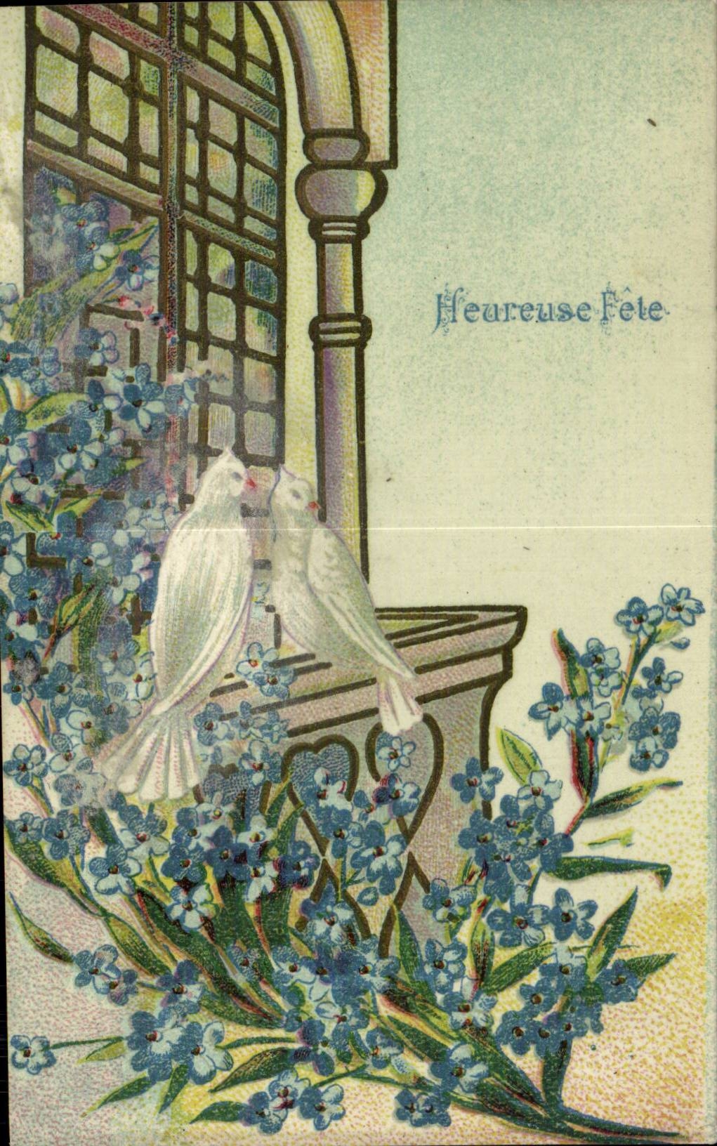 CPA Fantaisie Fleurs Heureuse fete Colombe