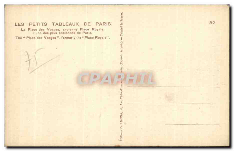 CPA Paris La place des Vosges ancienne place Royale — Verso