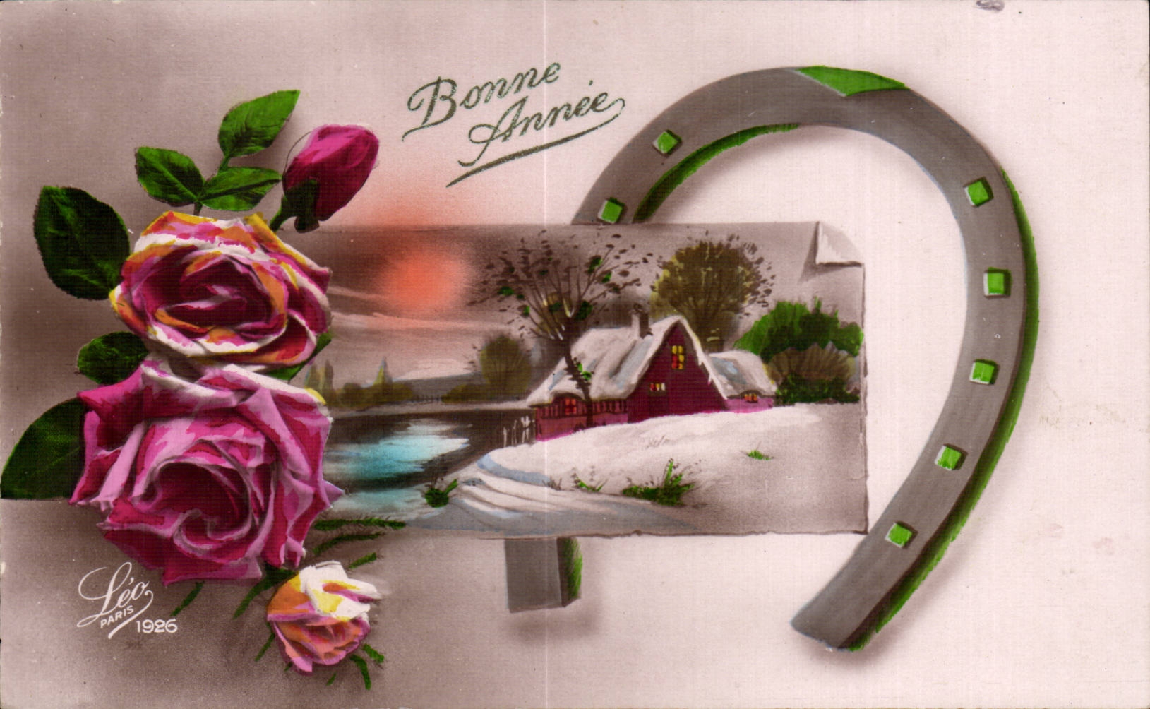 Fleurs Bonne Annee - Happy New Year Fer a cheval - CPA 