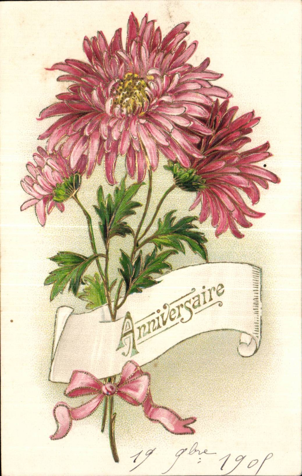 Bouquet de chrysanthèmes — Anniversaire 1909 — éditeur non visible