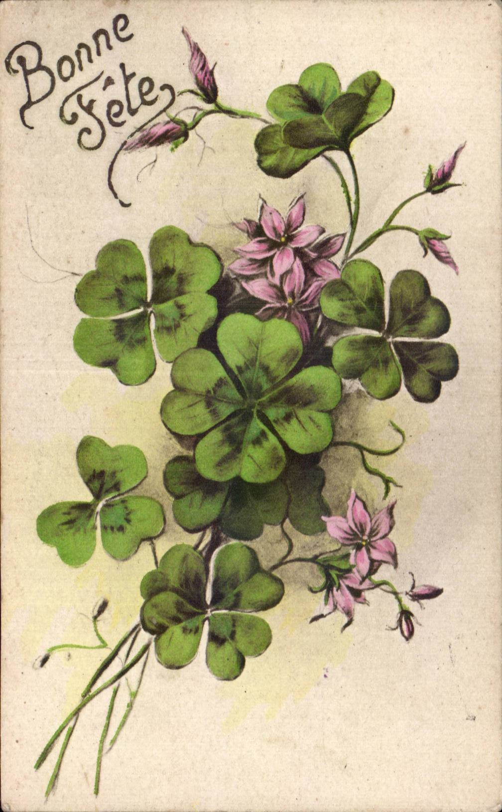 Fleurs trefle - four leaf clover - Bonne Fete - Happy Birthday - CPA 