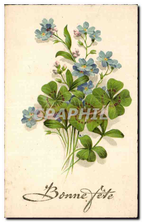 Fleurs trefle - four leaf clover - Bonne Fete - Happy Birthday - CPA 