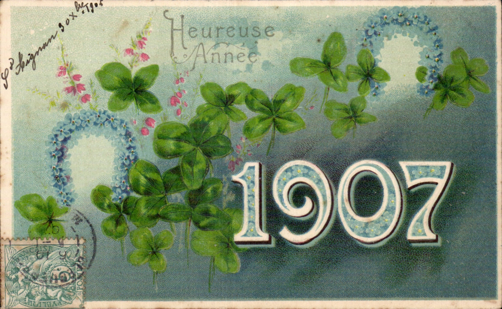 Fleurs trefle - four leaf clover - Heureuse Annee - Happy New Year - 1907 - CPA 
