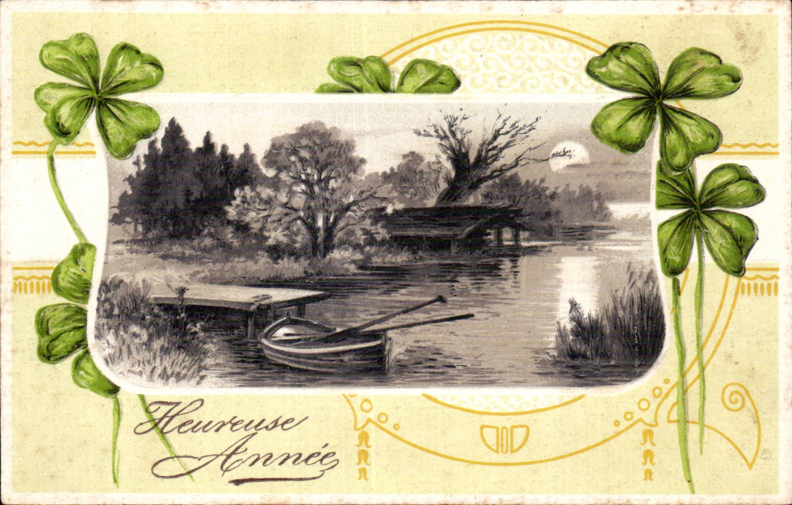 Heureuse Année — paysage lacustre avec barque — PAF Série 6553