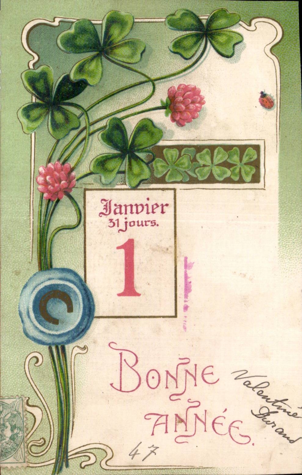 Fleurs trefle - four leaf clover - Janvier I - Bonne Annee - Happy New Year - CPA 