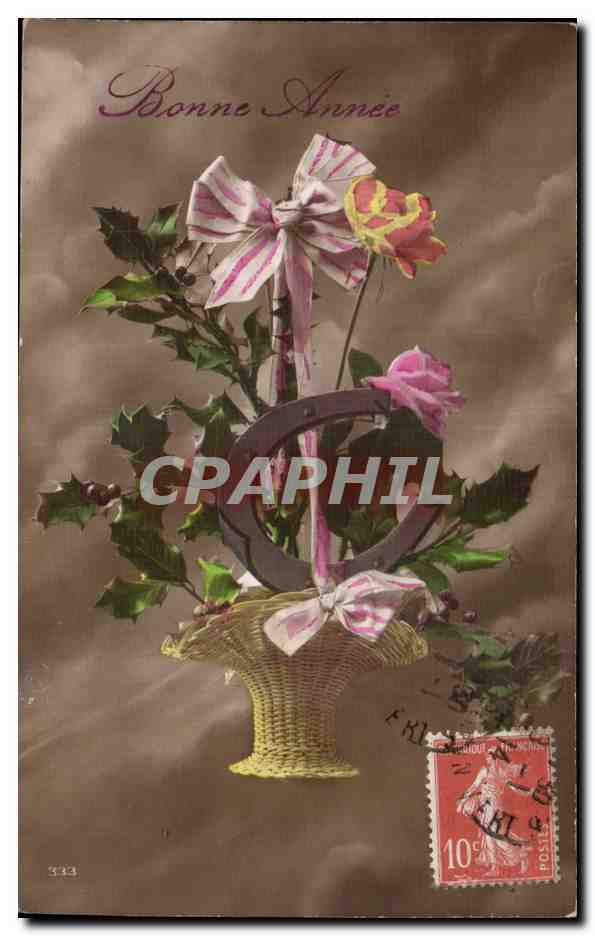 Fleurs Bonne Annee - Happy New Year fer a cheval - CPA 