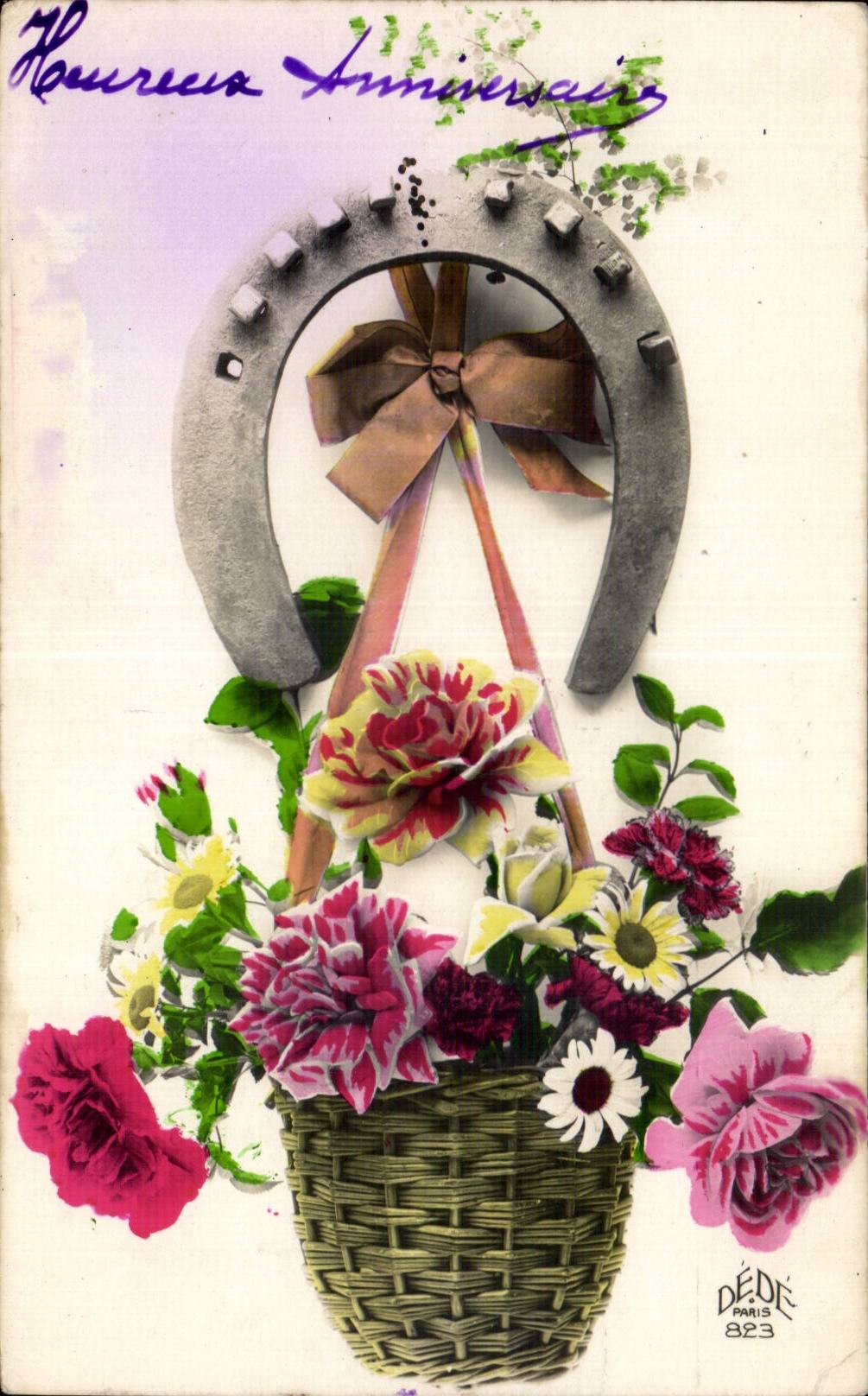 Fleurs Heureux Anniversaire - Happy Birthday Fer a cheval - CPA 