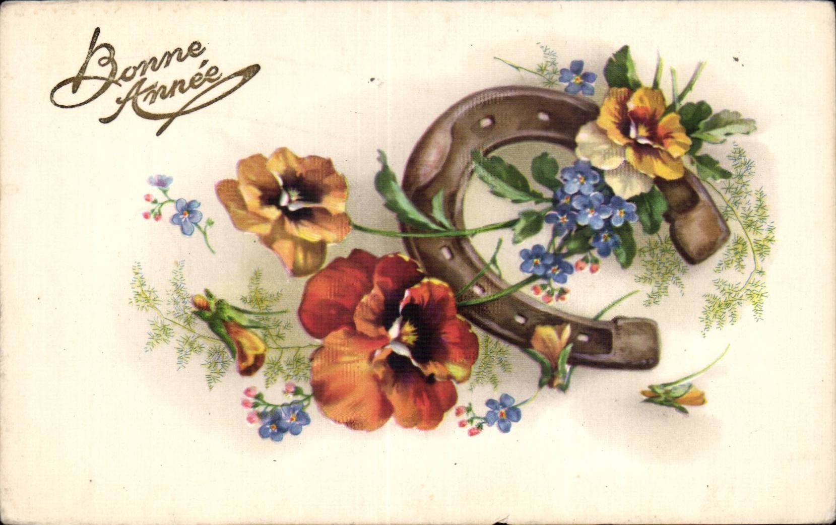 Fleurs Bonne Annee - Happy New Year Fer a cheval - CPA 