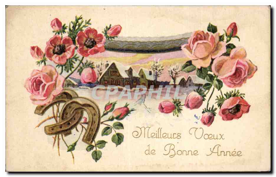 Fleurs Bonne Annee - Happy New Year Fer a cheval - CPA 