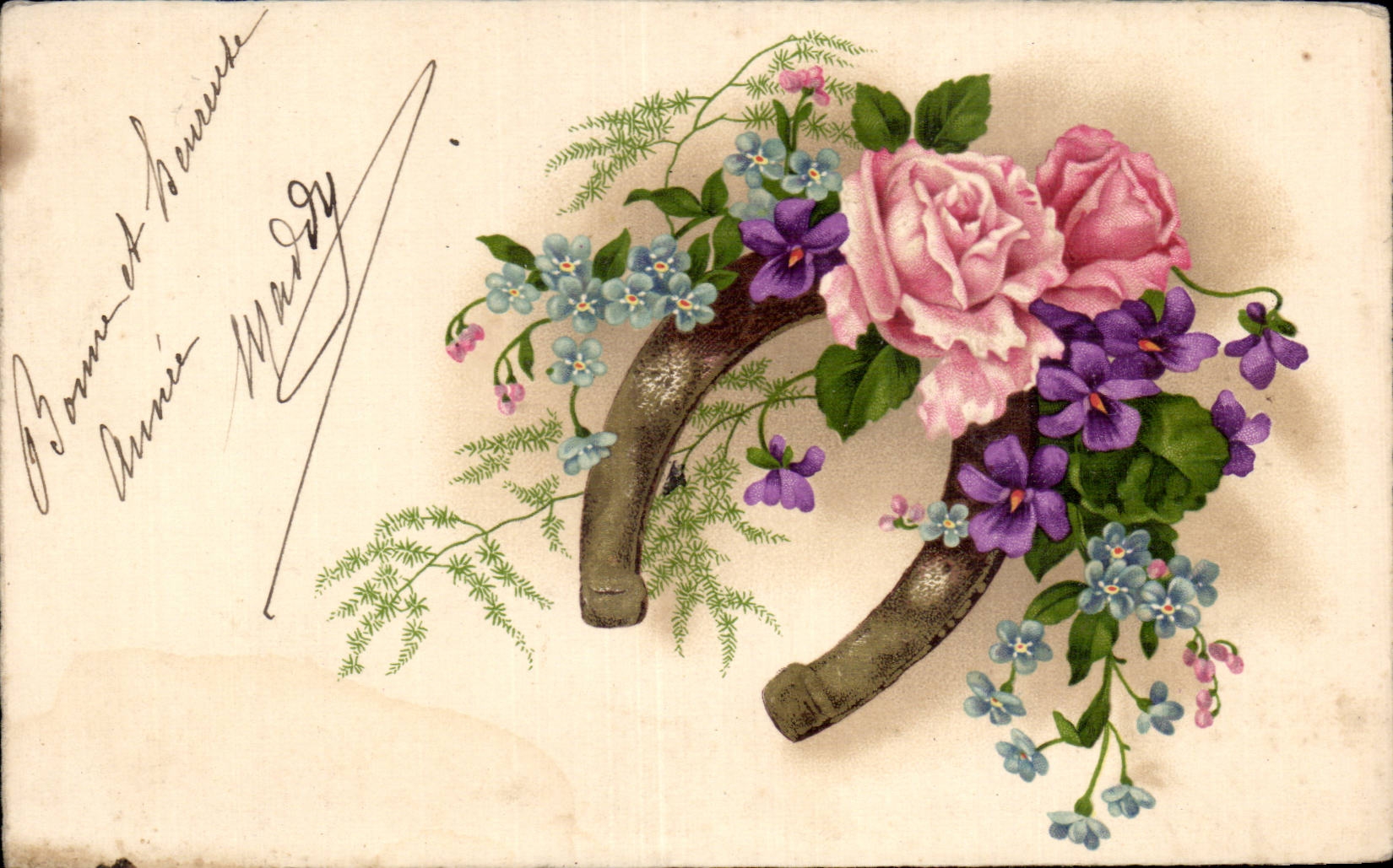 Fleurs Bonne Annee - Happy New Year Fer a cheval - CPA 