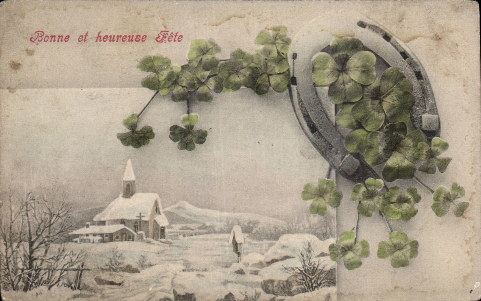Fleurs Bonne et Heureuse Fete - Happy New Year Fer a cheval - CPA 