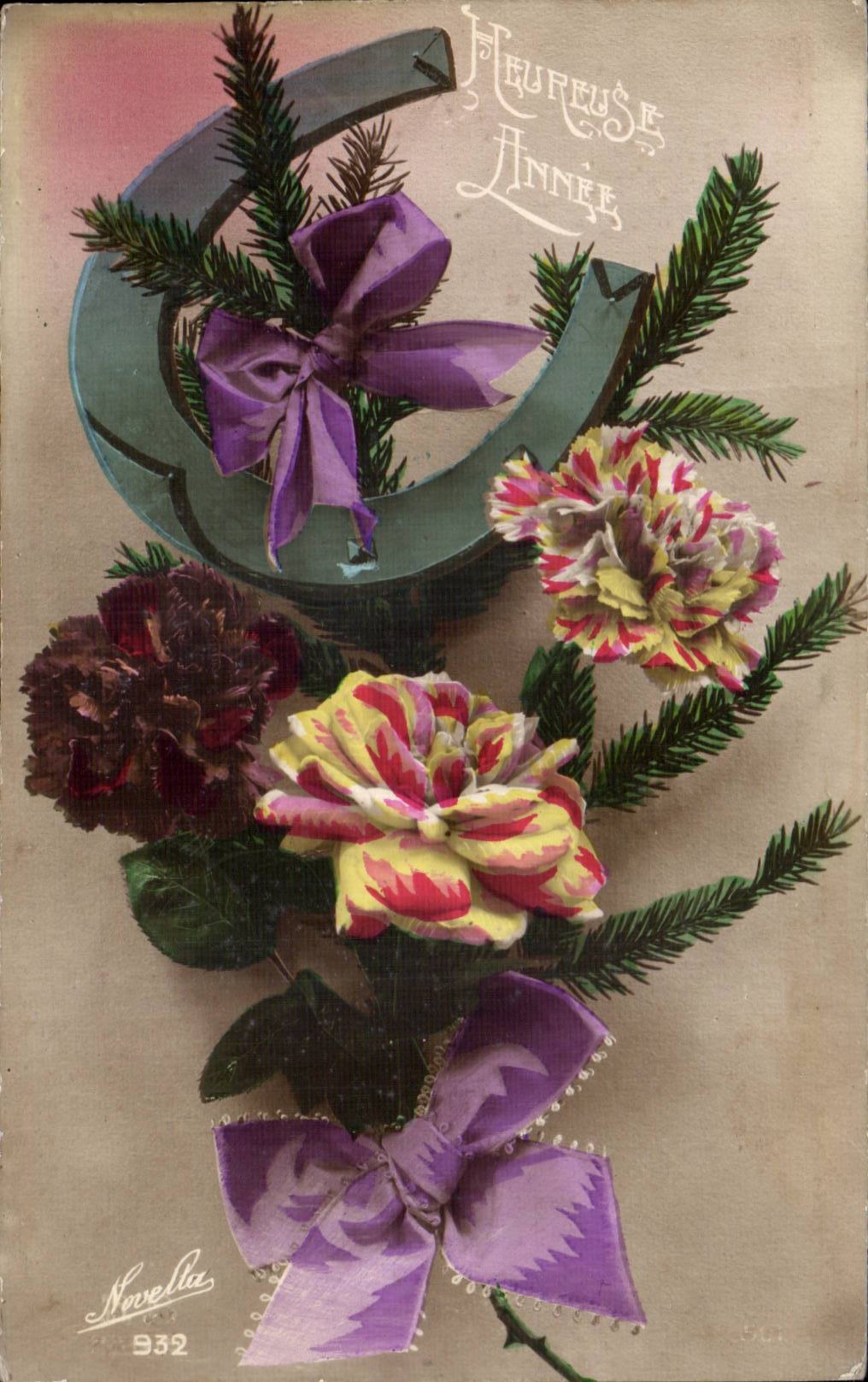 Fleurs Annee Heureuse - Happy New Year Fer a cheval - CPA 