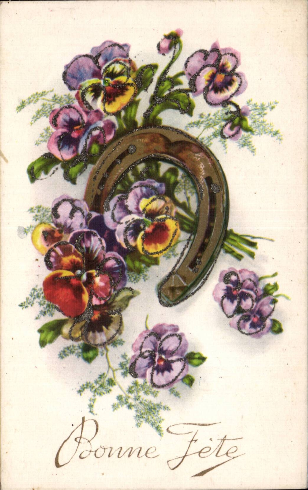 Fleurs Bonne Fete Fer a cheval - CPA 
