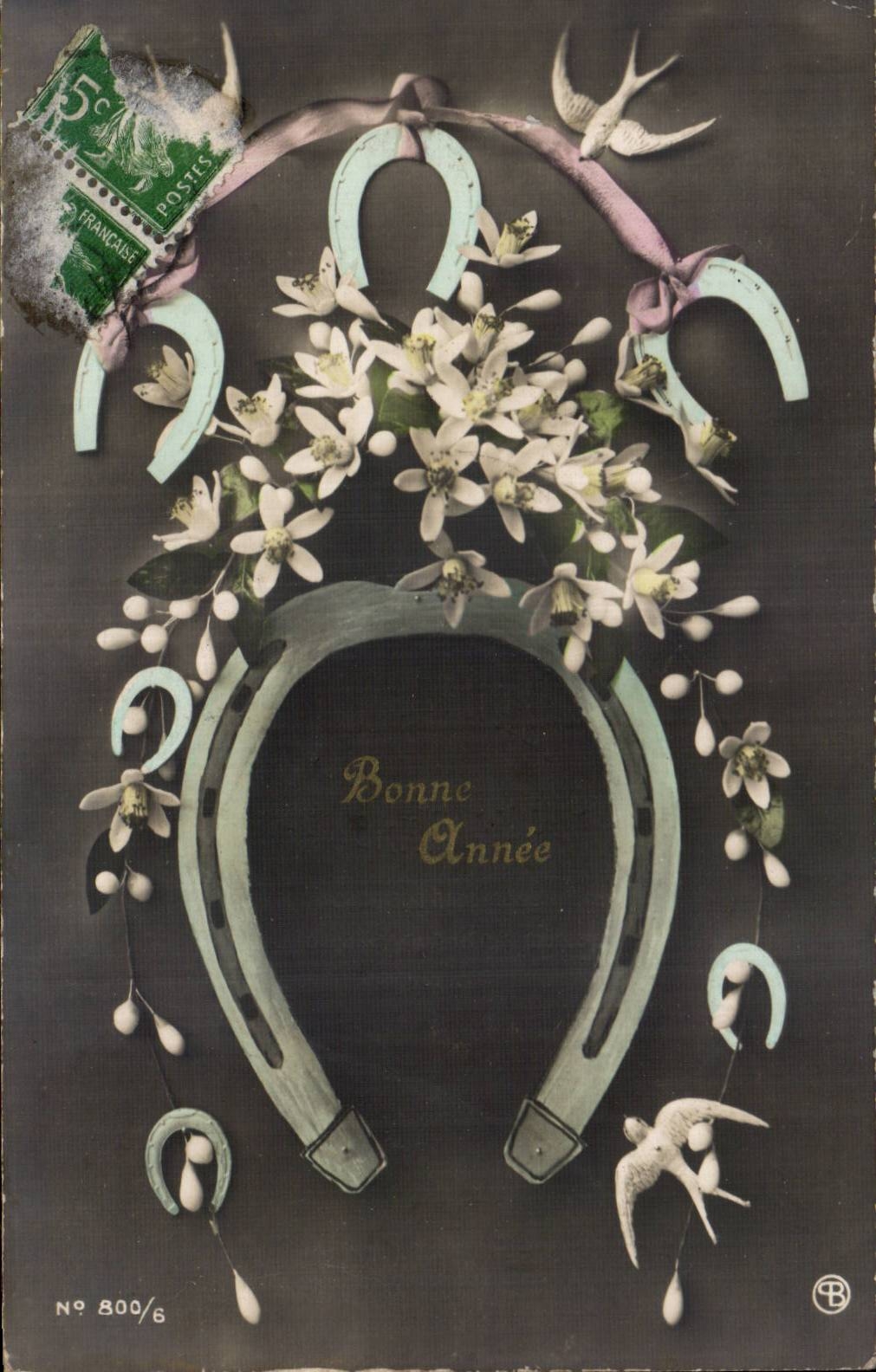 Fleurs Bonne Annee - Happy New Year Fer a cheval - CPA 