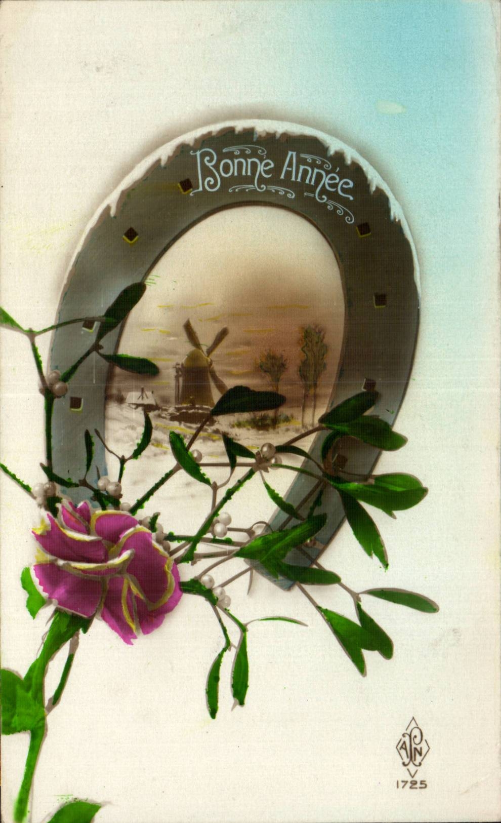 Fleurs Bonne Annee - Happy New Year Fer a cheval Moulin Windmill - CPA 