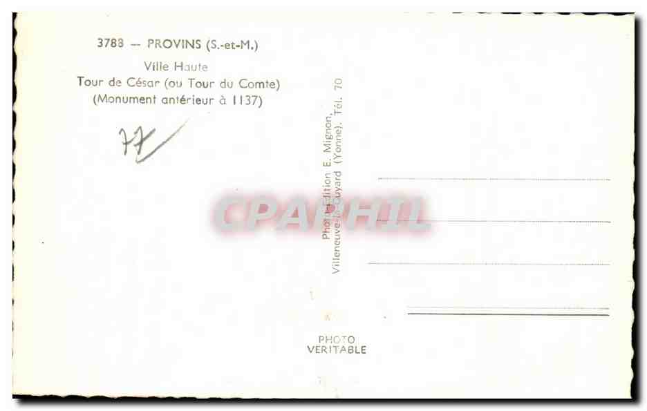 Provins (S.-et-M.) — Tour de César (ou Tour du Comte) — Édition E. Mignan — Verso