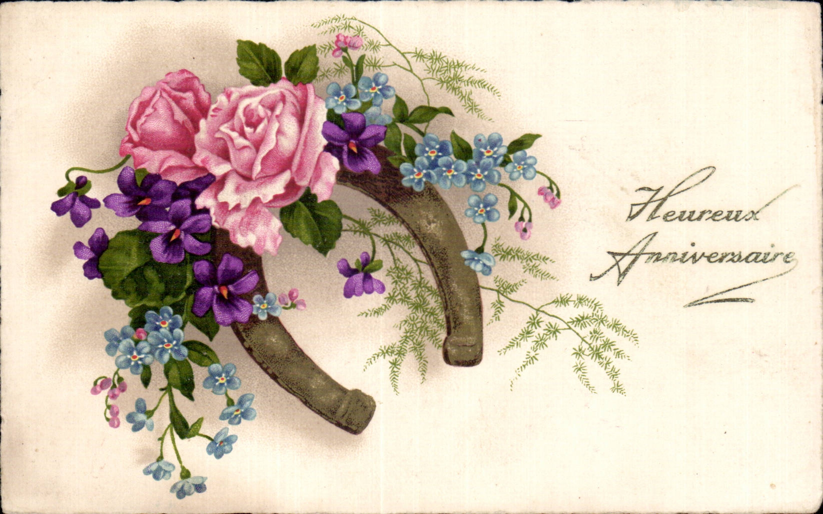 CPA Fantaisie Fleurs Fer a cheval Heureux anniversaire