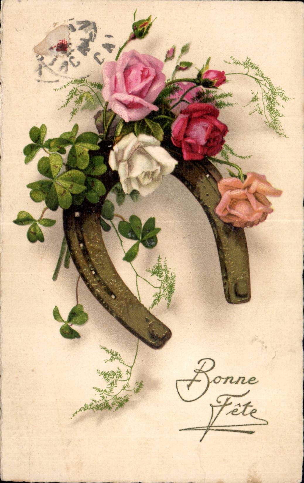 CPA Fantaisie Fleurs Fer a cheval Bonne fete
