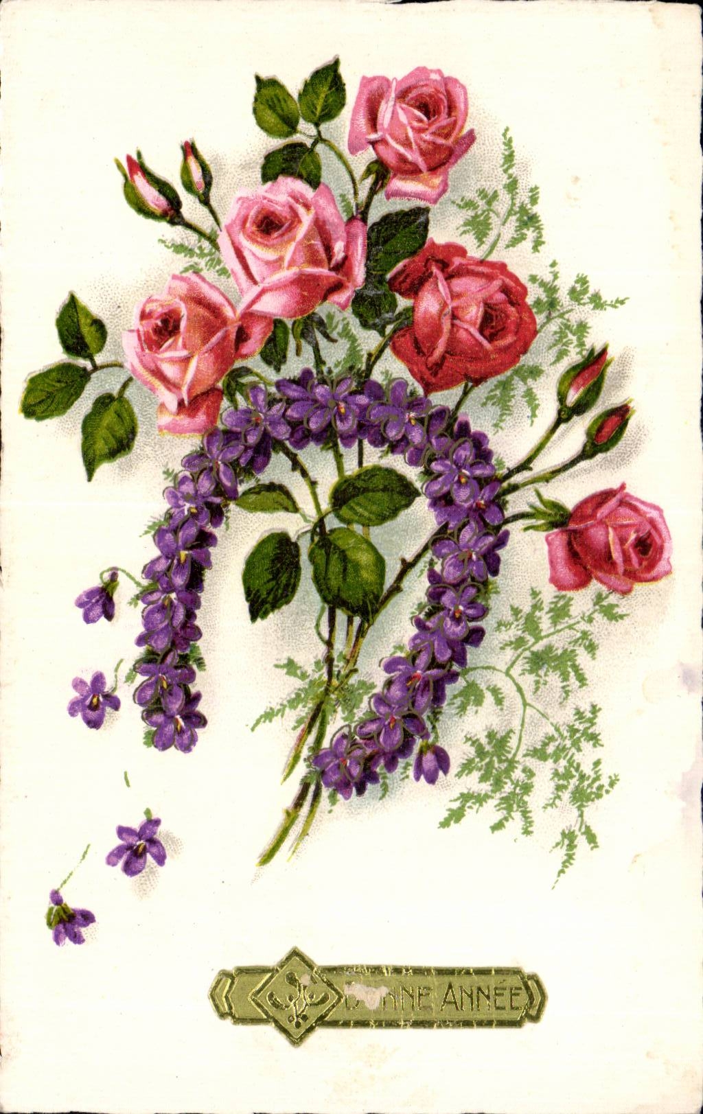 CPA Fantaisie Fleurs Fer a cheval Bonne annee