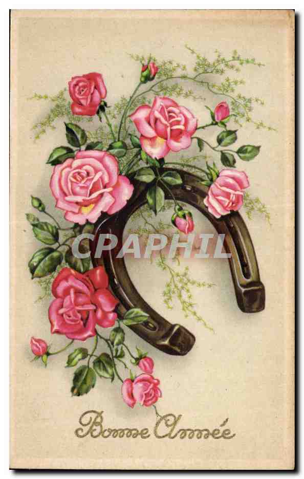 CPA Fantaisie Fleurs Fer a cheval Bonne annee