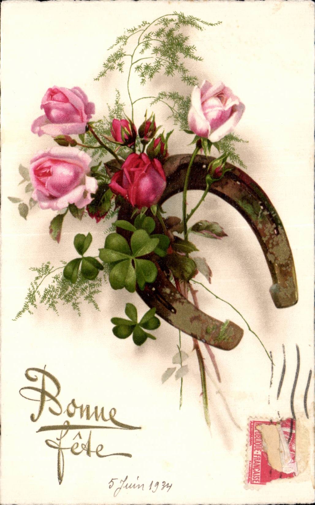 CPA Fantaisie Fleurs Fer a cheval Bonne fete
