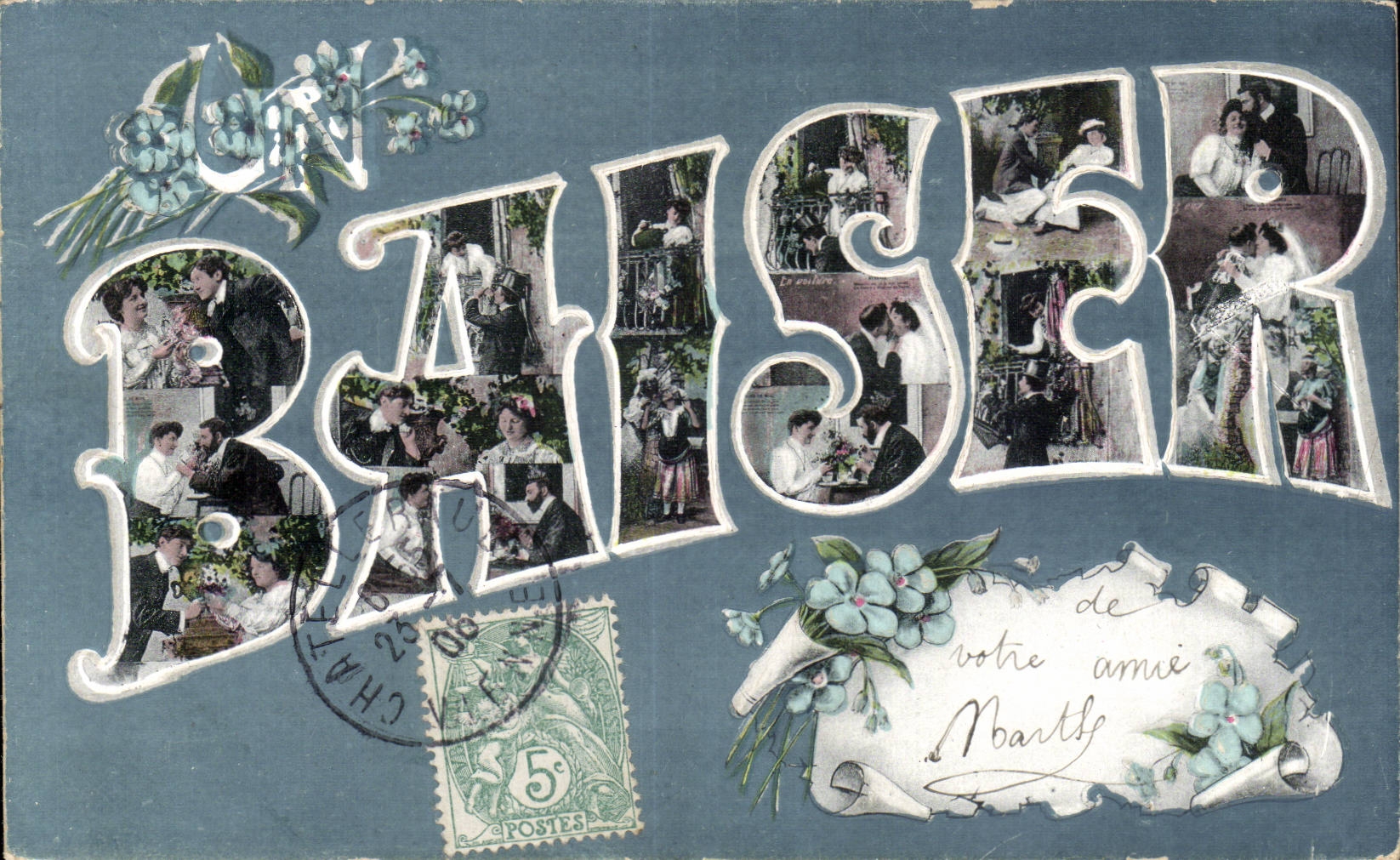 Baiser — Carte postale décorative avec collage de scènes amoureuses — éditeur inconnu