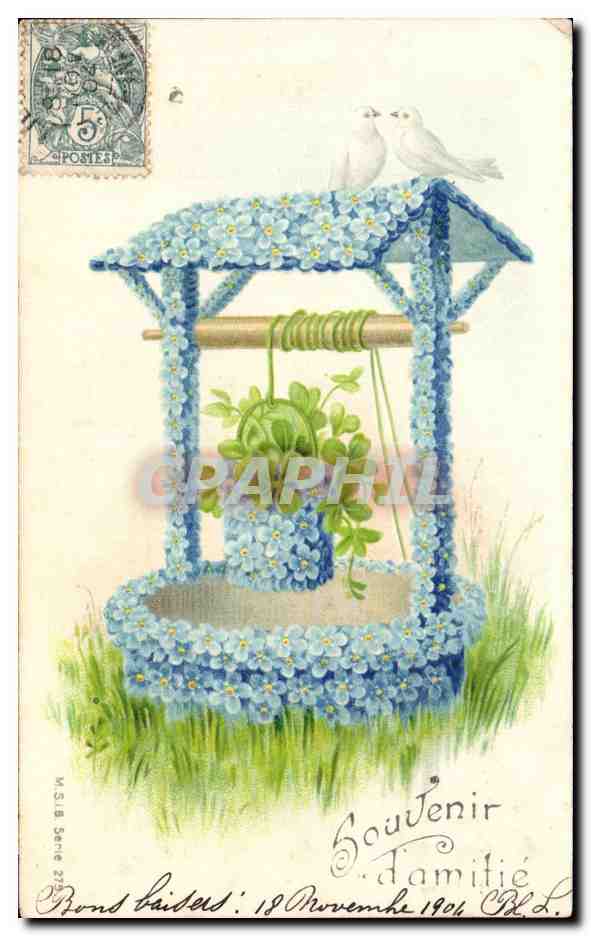 Tarjeta postal antigua Fantasía Flores Recuerdo de amistad Paloma