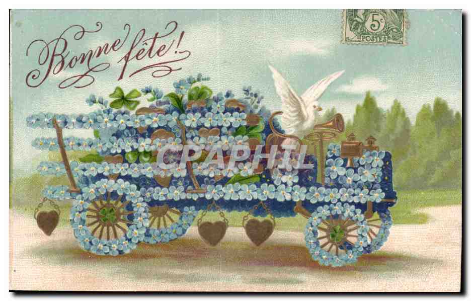 CPA Fantaisie Fleurs Carosse Colombe 