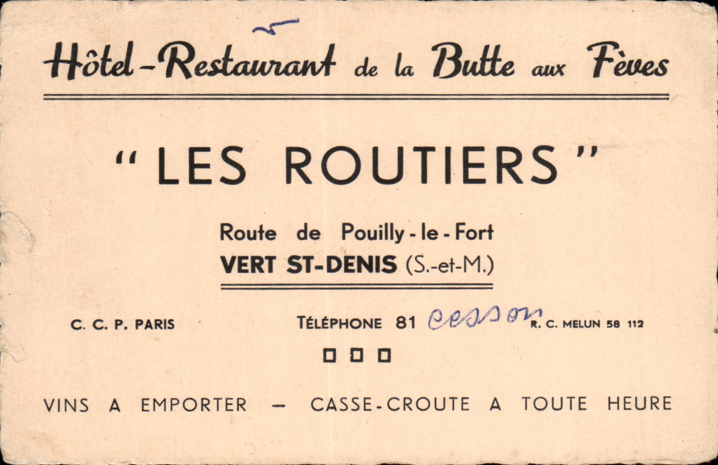 Vert Saint Denis - Route de Pouilly le Fort - Hotel Restaurant de la Butte aux Feves - Les Routiers Carte de visite