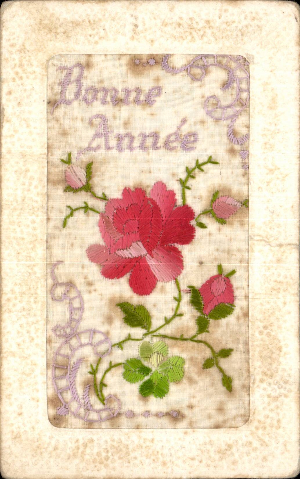 CPA Fantaisie fleurs brodees Bonne annee