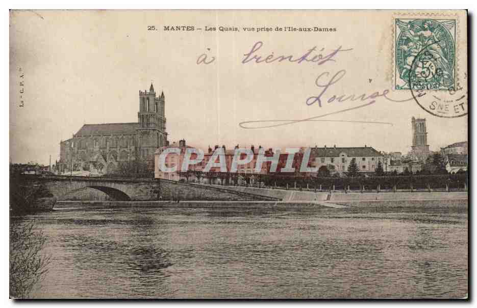 MANTES — Les Quais, vue prise de l'Île-aux-Dames — La C.P.A. n°25