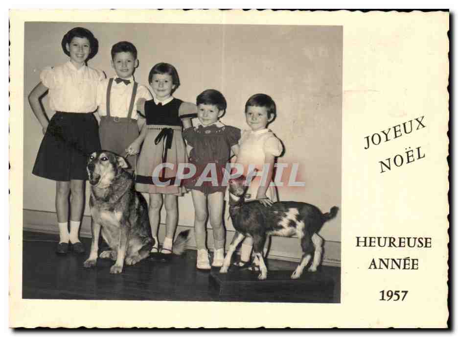CARTE PHOTO Folklore Costume Enfants Joyeux Noel 1957 Chevre Gaot Chein 