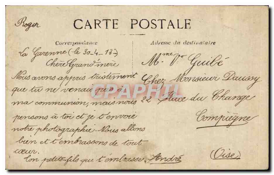 Deux garçons en tenue d'époque — photographie sur carte postale — Roger, Compiegne — Verso
