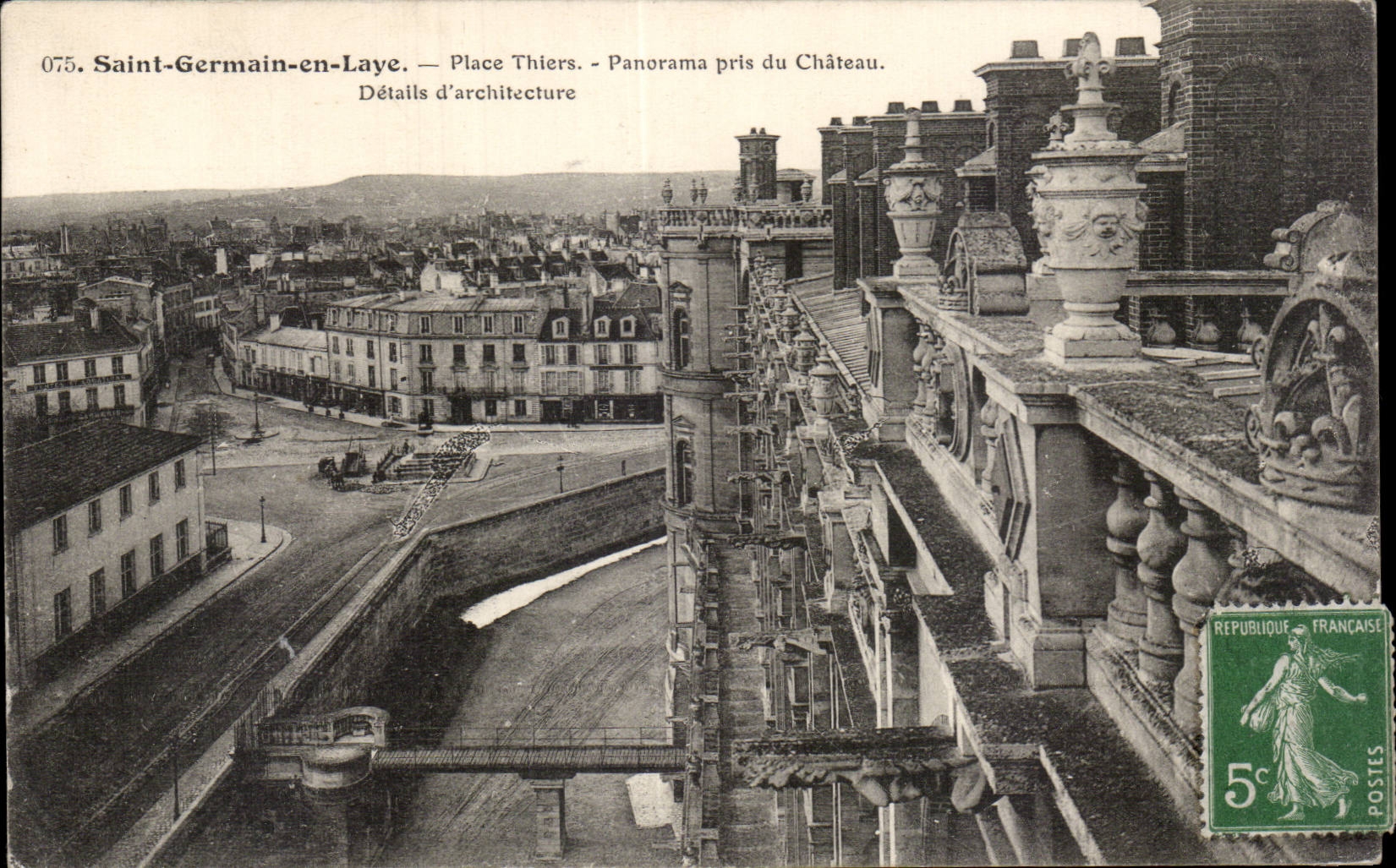 Saint-Germain-en-Laye — Place Thiers — Panorama pris du Château. Détails d'architecture — Éditeur : C. P. A. n° 075