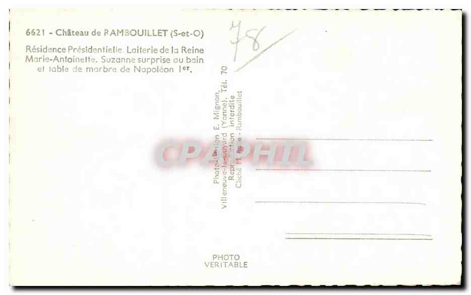 Schloss Rambouillet — Käserei der Königin Marie-Antoinette und Marmortisch Napoleons — E. Mignon — Rückseite