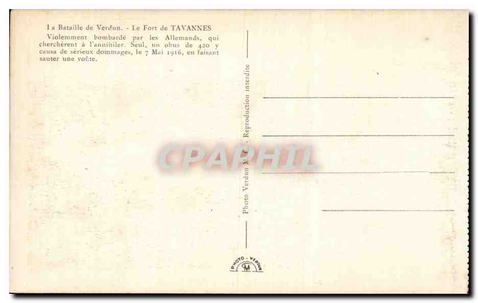 CPA Militaria Bataille de Verdun Fort de Tavannes — Rückseite