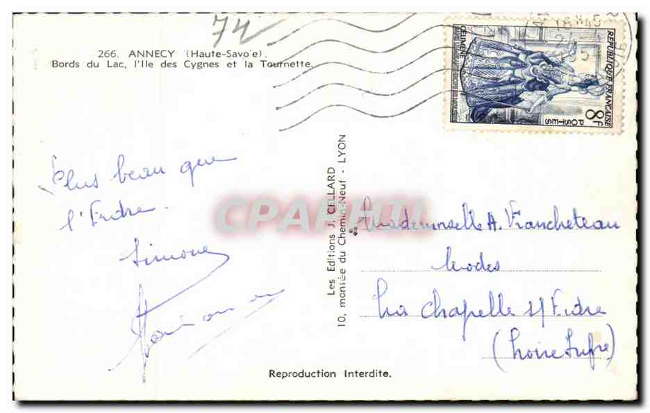 Annecy — Bords du Lac, l'Île des Cygnes et la Tournette — Les Éditions J. Cellard, Lyon — Verso