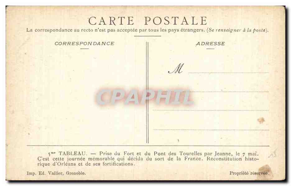 CPA Militaria Tableau Prise du Fort et du pont des Tourelles par Jeanne  — Rückseite