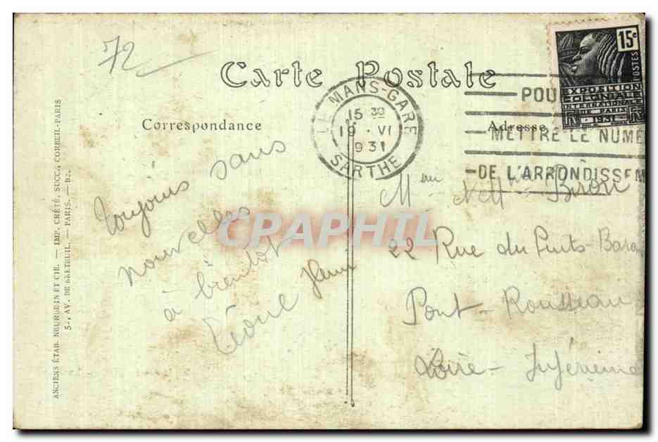 Pontlieue (Sarthe) — Monument élevé à la mémoire des soldats morts pour la Patrie (1870) — R. Barbier, édit. Le Mans — Verso