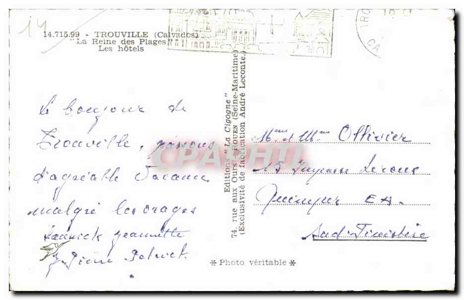TROUVILLE - Les hôtels — Éditions 'La Cigogne' — Verso