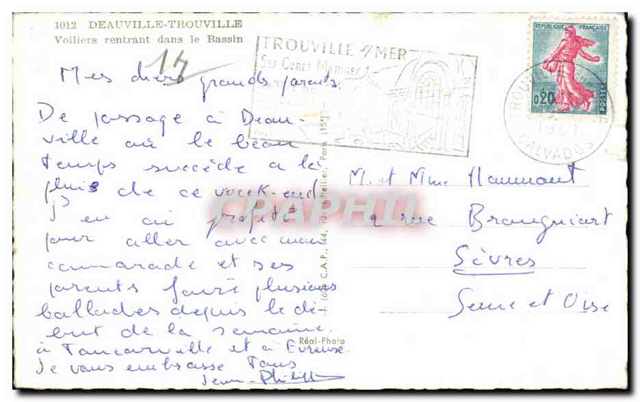 Voiliers rentrant dans le Bassin — Deauville-Trouville — éditeur Cap — Verso