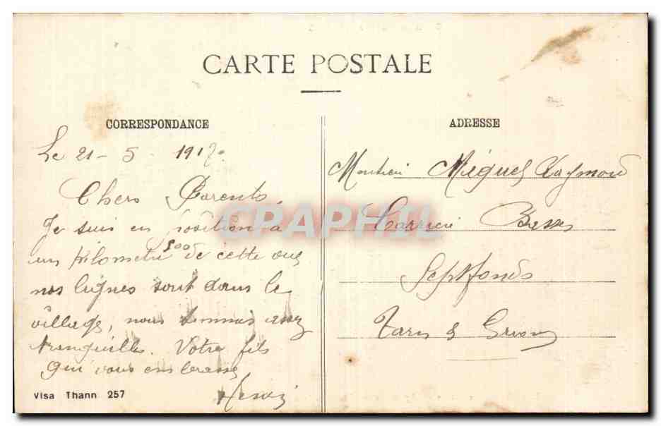 Metzeral (Hte-Alsace) — Ruines après les combats du 15 au 24 juin 1915 — Éditeur non identifié — Verso