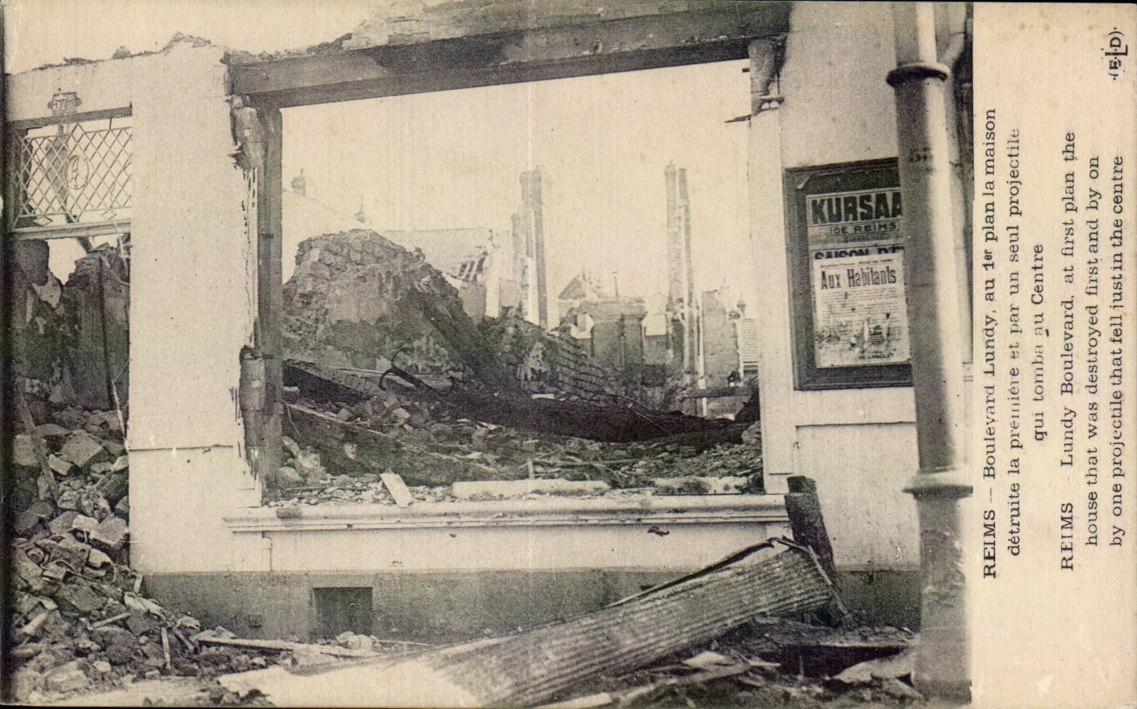 Reims — Boulevard Lundy, das erste Haus, zerstört durch ein einzelnes Geschoss in der Mitte