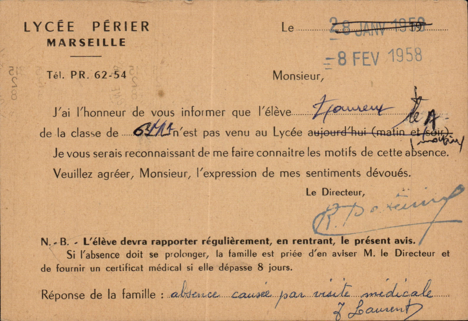 Carte Lycee Perier Marseille Bulletin d absence pour visite medicale 1958 
