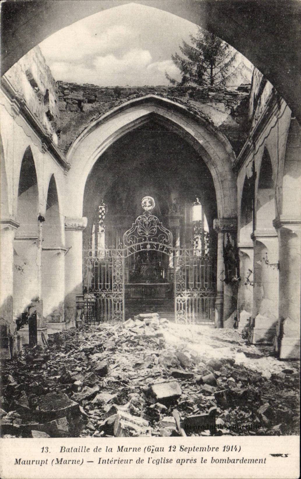 Maurrupt (Marne) — Intérieur de l'église après le bombardement — A. Humbert, phot.-édit., St-Dizier