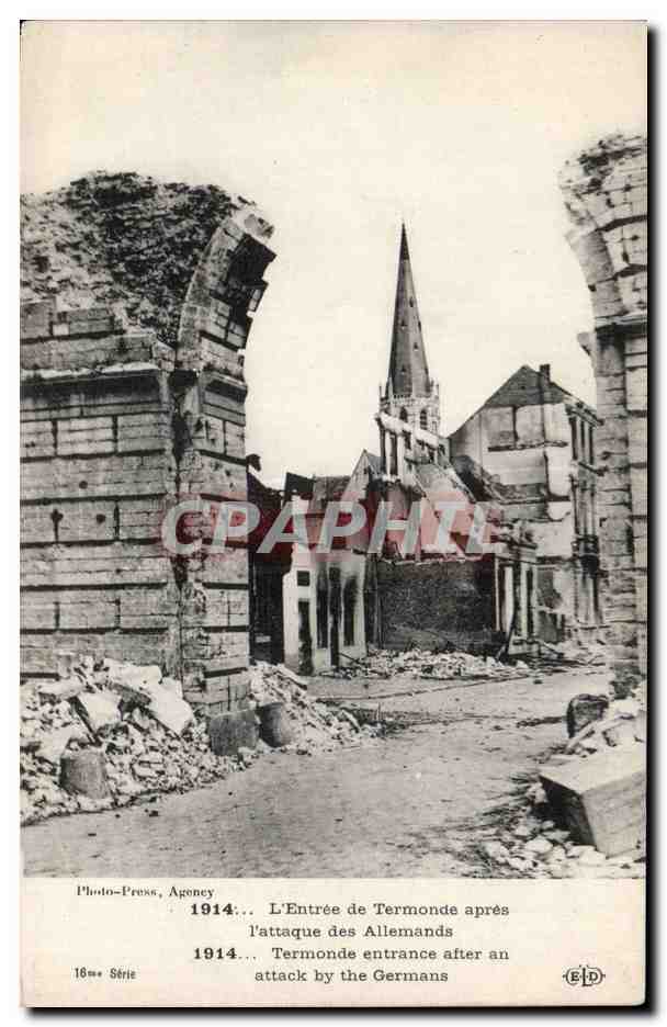 CPA Militaria entree de Termonde apres l attaque des Allemands