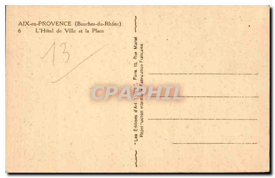 Aix-en-Provence — L'Hôtel de Ville et la Place — Les Éditions d'Art WON — Rückseite