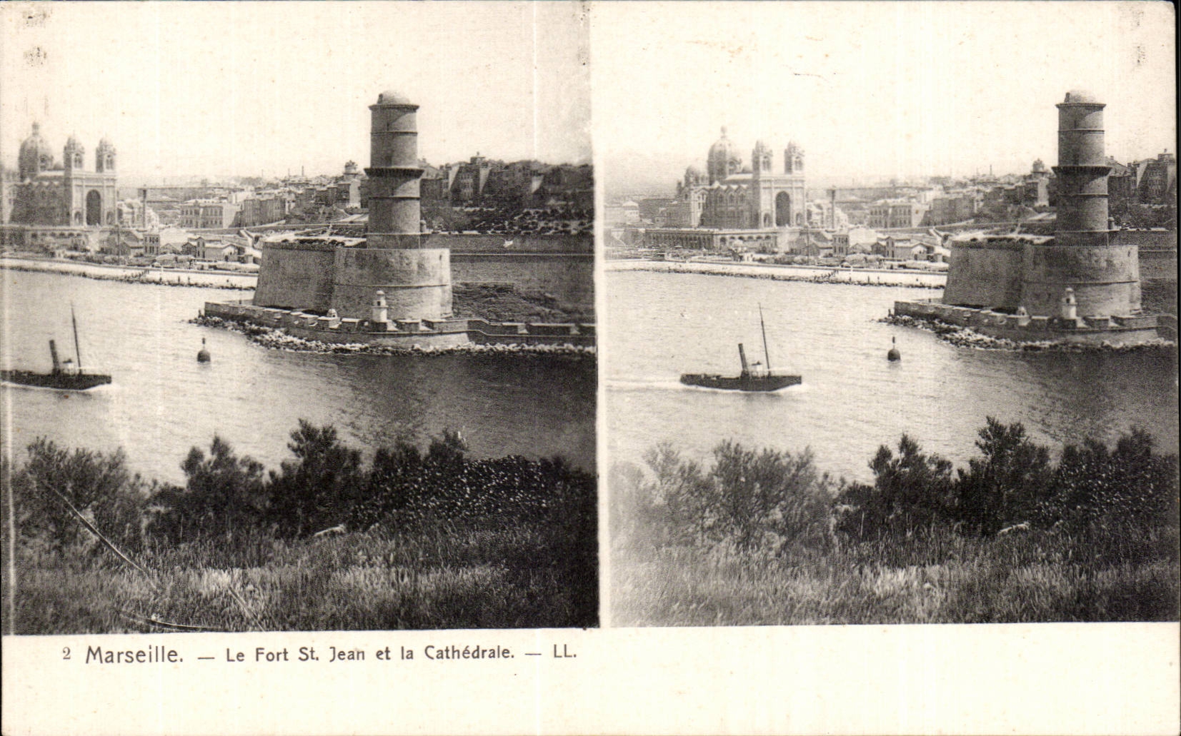 Marseille - Le Fort St Jean et la Cathedrale - Carte Stereoscopique - CPA 