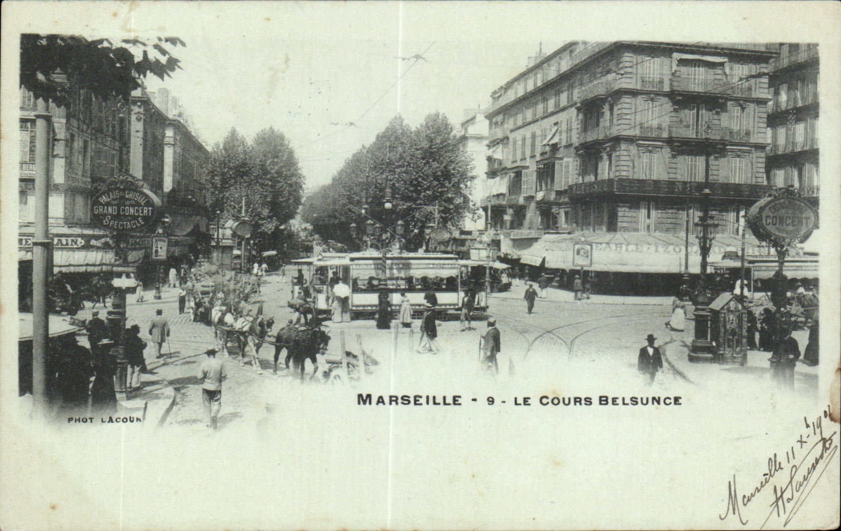 Marseille - 9 - Cours Belsunce — lebendige Ansicht mit Straßenbahn und Pferden — Foto. L'Acour